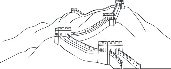 Fototapeta premium A minimalist outline illustration of the Great Wall of China winding through mountains.