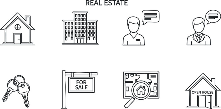 Collection of real estate icons including houses, keys, and open house symbols for property marketing.