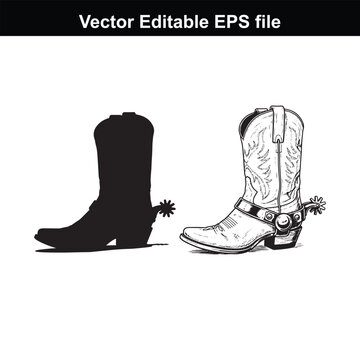 Detailed illustration of a cowboy boot with a spur and its silhouette