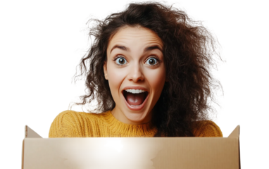 Woman unboxing tech gadget purchased on Cyber Monday expressing excitement and curiosity at home isolated on transparent background PNG