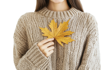 Woman wearing cozy knitted sweater and holding a glowing candle creating a warm autumn atmosphere isolated on transparent background PNG