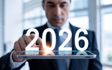 Business growth strategy for year 2026 forecast and planning with man using digital tablet device
