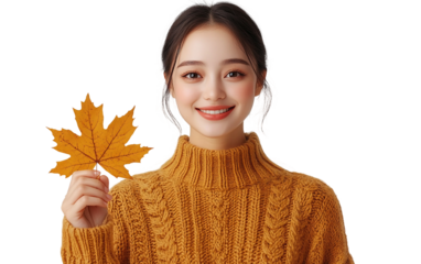 Peaceful woman in soft knitwear holding a candle symbolizing comfort and seasonal relaxation isolated on transparent background PNG