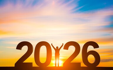 Celebrating new year 2026 with sunset background and silhouette of person with arms raised up high
