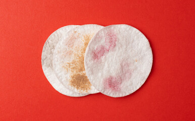 Dirty Cotton Pads, Makeup Removal, Used Cotton Disks after Makeup Cleansing, Removing Make Up