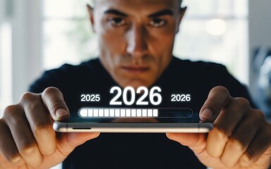 Visualizing future success man holding phone year progress bar concept for goal achievement in 2026
