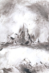 Black and white mountain landscape. Mountains, no one.. Art, painting. Encaustic, art decoration, sketch. Illustration hand drawn modern, hot wax new