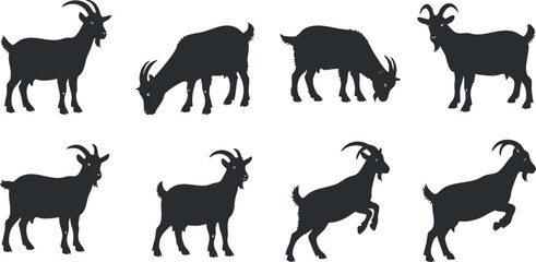 Naklejka premium A collection of goat silhouettes showcasing various poses and expressions on a white background.
