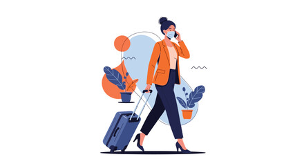 Obraz premium Woman wearing a mask and talking on her phone while pulling a suitcase.