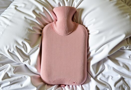 Cozy pink hot water bottle nestled on soft white pillows offering warmth and comfort for a relaxing and soothing experience at home during chilly days