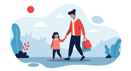 Fototapeta premium Parent and child wearing face masks walk hand in hand with shopping bags.