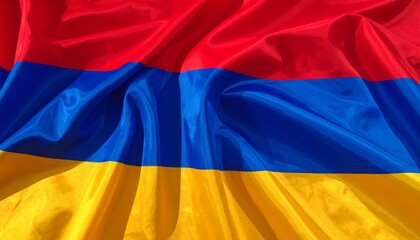 Naklejka premium Armenian and American flags flying side by side against a bright blue sky with scattered clouds.