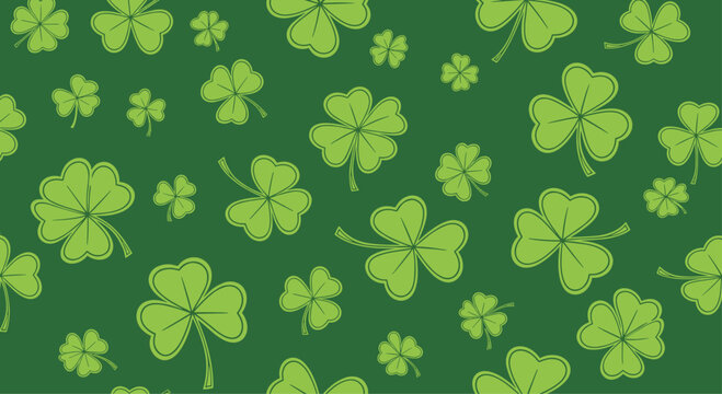 Seamless pattern of green clovers and shamrocks on a dark green background for St. Patrick's Day.