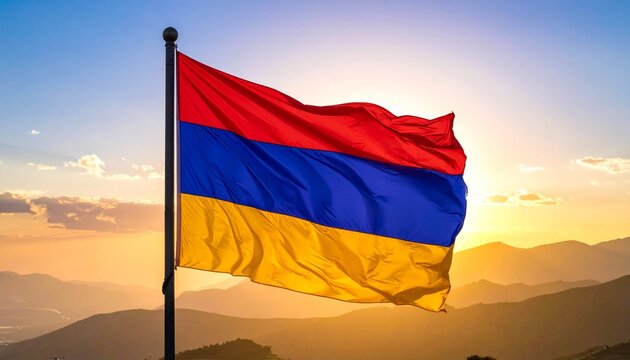 The Armenian flag flies on a white flagpole against a bright blue sky with scattered clouds - Powered by Adobe