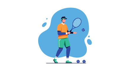 Man in athletic wear playing tennis, tossing a ball with a racket on a blue abstract background.