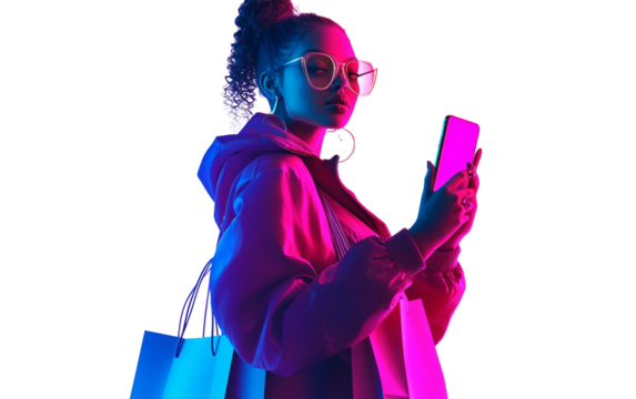 Excited shopper woman celebrating Cyber Monday discounts with bags and mobile phone isolated on transparent background PNG - Powered by Adobe