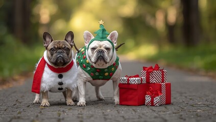 Christmas french bulldogs in costumes with gifts adorable holiday dogs christmas tree and snowman outfits