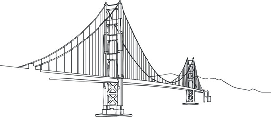 Fototapeta premium Detailed line art illustration of a suspension bridge highlighting its architectural features.