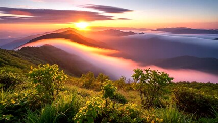 Breathtaking sunrise over misty mountains with lush greenery in foreground