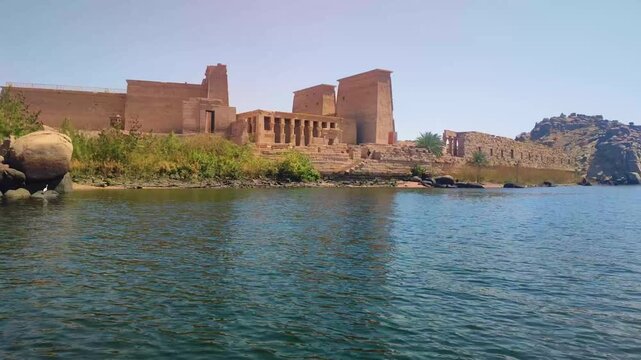 Ancient Philae Temple on Nile river , dedicated to the goddess Isis,  Ancient Egyptian relics