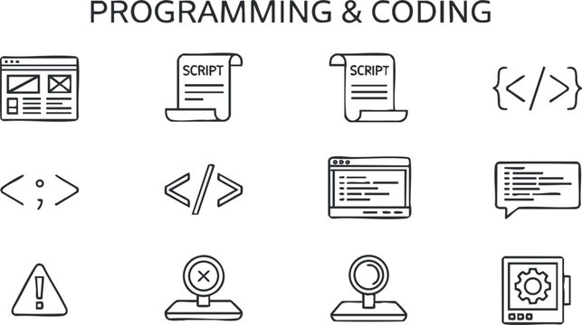 A collection of programming and coding icons illustrating various aspects of software development.