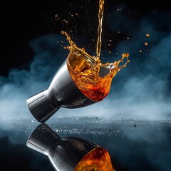 Capture the moment: golden liquid pouring into a sleek glass with splash and reflection art shot