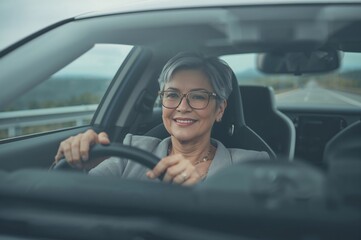 Fototapeta premium An elderly woman in her 60s driving a modern car.