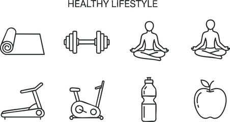 Collection of icons depicting elements of a healthy lifestyle including exercise and nutrition.
