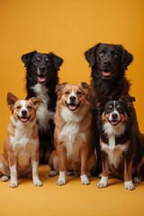A group of dogs of various breeds, from small to large.