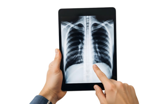 Doctor holding a tablet with a chest xray isolated on transparent background