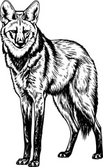 Maned wolf drawing. This image showcases a maned wolf, a unique South American canid with long legs and reddish-brown fur. The sketch highlights its distinct form. Vector sketch line art draw.