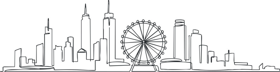 Minimalist black and white skyline illustration featuring skyscrapers and a ferris wheel.