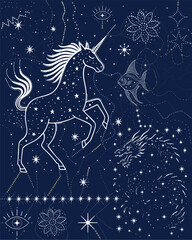 Fantasy Constellation Illustration with Unicorn, Dragon and Stars on Night Sky © aiden-sime