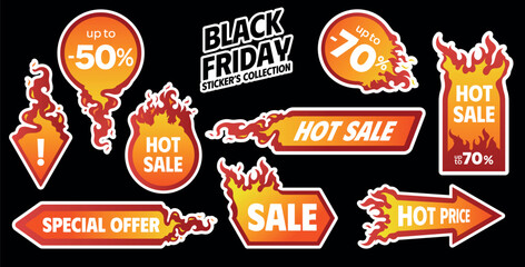 Set of Black Friday Hot Sale Stickers. Special Price Offer Flaming Badges. Flat Vector Offers discount icons