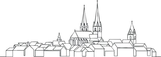 Obraz premium A minimalist line drawing of a city skyline featuring historic architecture and spires.