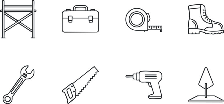 A collection of construction and tools icons including scaffold, toolbox, and safety gear.