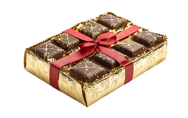 Wrapped box of Christmas chocolates with holiday themed decorations for festive gifting isolated on transparent background PNG