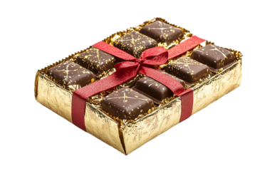 Wrapped box of Christmas chocolates with holiday themed decorations for festive gifting isolated on transparent background PNG