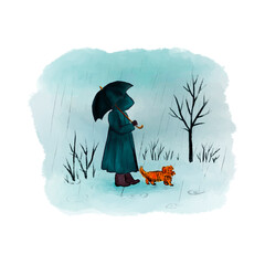 Rainy walk. Digital drawing of a man with an umbrella walking his ginger dog in the rain.