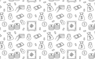 Seamless money and security icon pattern with wallet, lock, credit card, coins, cash, and safe symbols in line vector style.