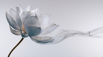 Elegant white lotus flower with flowing petals on neutral background  