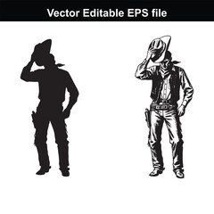 Fototapeta premium Silhouette and detailed illustration of a cowboy tipping his hat