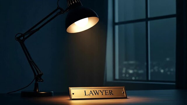 Illuminated Lawyer Nameplate on Desk Under Modern Lamp in Night