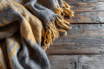 Wool blanket on rustic wooden table