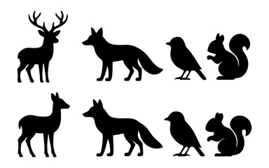 Obraz premium Set of black forest animal icons including deer, fox, bird, and squirrel. Flat wildlife silhouettes on white. Design for print, sticker, postcard, banner.