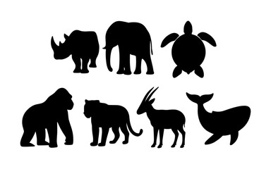 Obraz premium Silhouettes of wild animals including rhino, elephant, sea turtle, gorilla, tiger, antelope, and whale in black vector style.