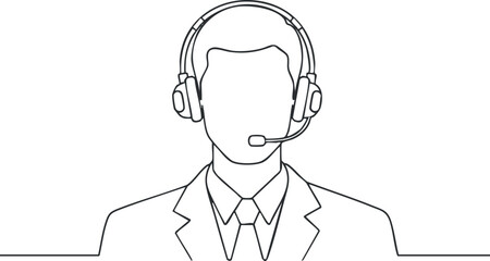 Line drawing of a male customer service agent wearing a headset in a professional setting.