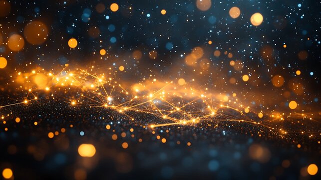 Sparkling network of glowing lines and dots in orange and blue tones. Futuristic abstract background with motion, light particles and depth