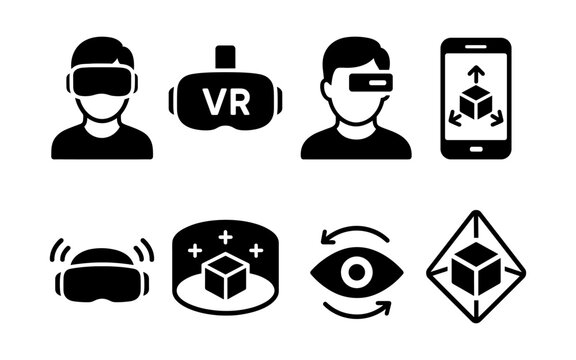 Black icon set of virtual reality and augmented reality symbols including VR headsets, AR glasses, 3D interaction, and immersive tech.