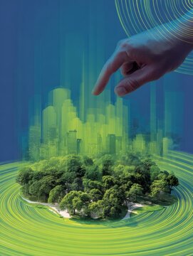 Fototapeta Digital Interaction With Nature and Urban Landscapes Blending in a Futuristic Scene Featuring a Hand Reaching for a Lush Green Island